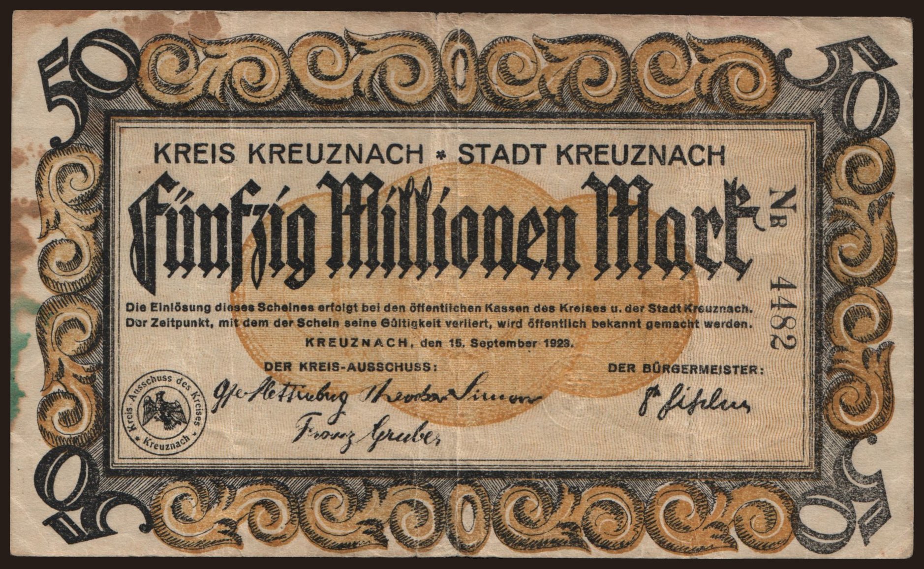 Kreuznach/ Kreis und Stadt, 50.000.000 Mark, 1923