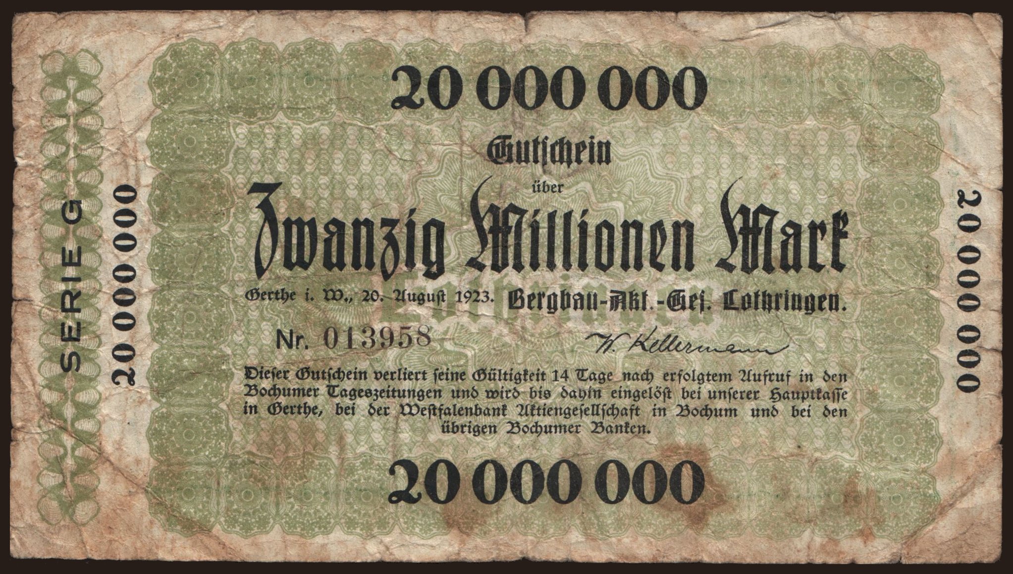 Gerthe/ Bergbau Aktiengesellschaft Lothringen, 20.000.000 Mark, 1923