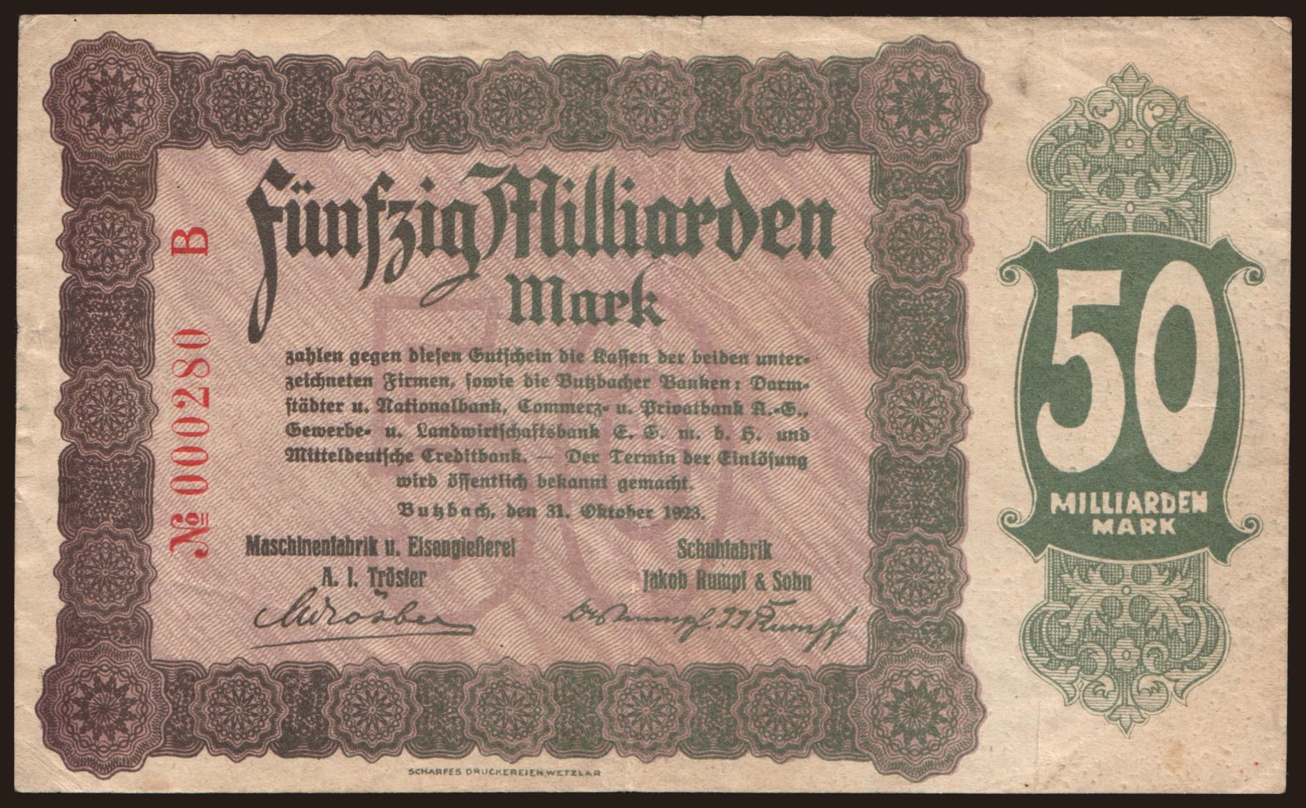 Butzbach/ Maschinenfabrik & Schuhfabrik, 50.000.000.000 Mark, 1923