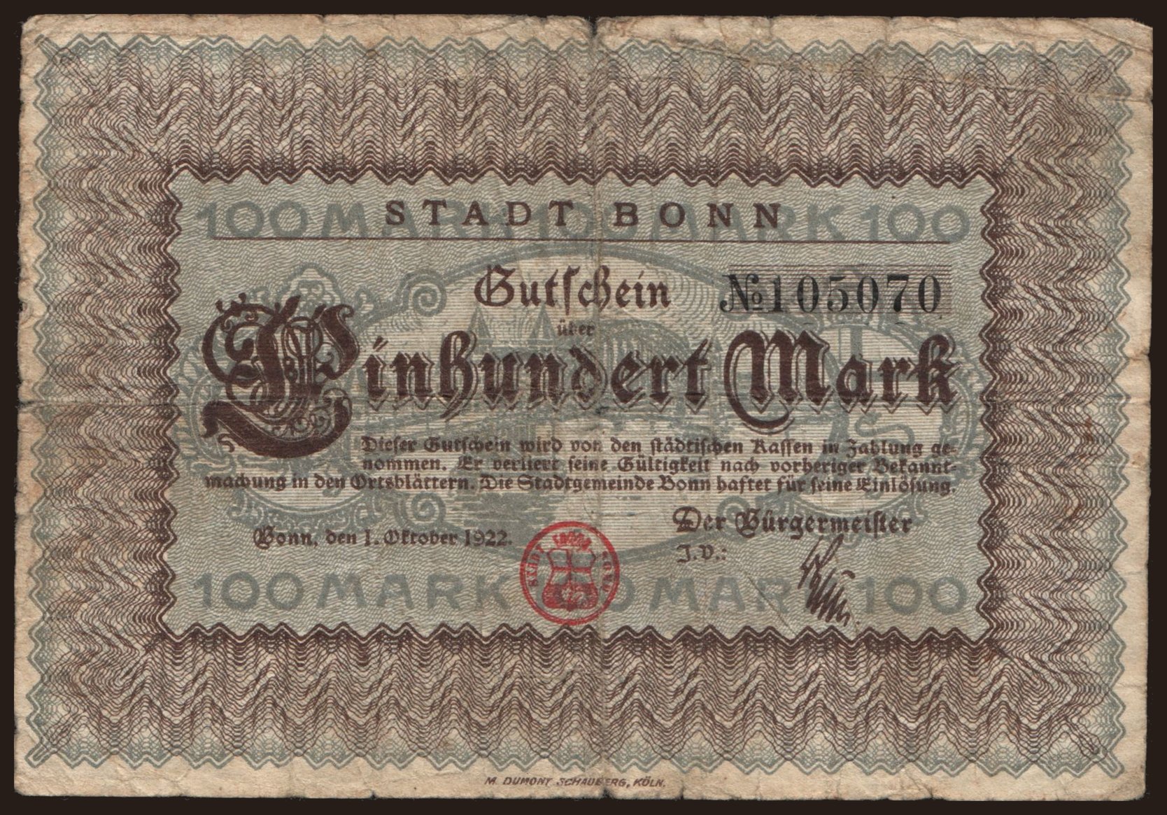 Bonn/ Stadt, 100 Mark, 1922
