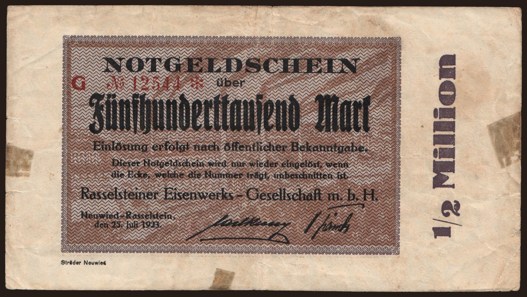Neuwied-Rasselsteiner/ Rasselsteiner Eisenwerks - Gesellschaft m.b.H., 500.000 Mark, 1923