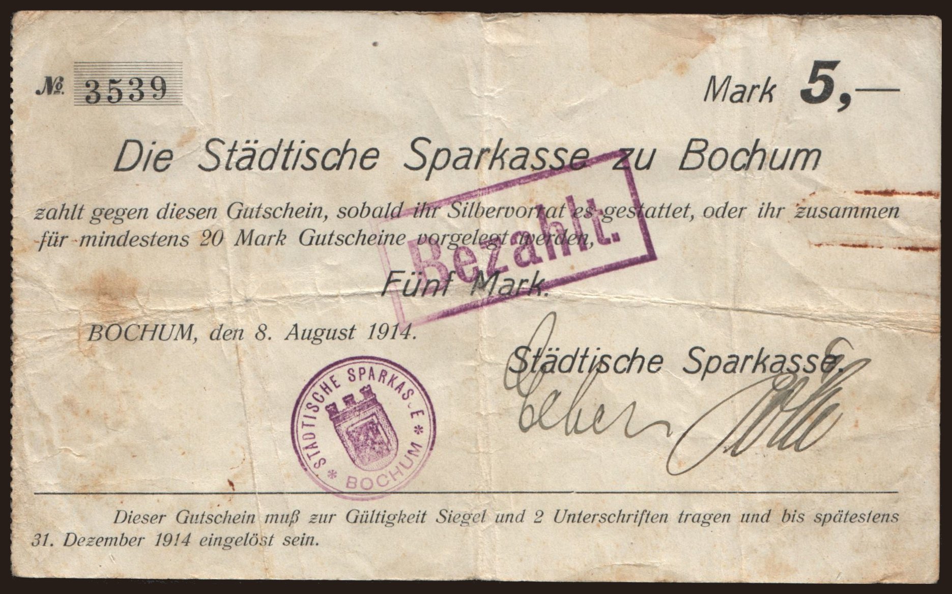 Bochum/ Städtische Sparkasse, 5 Mark, 1914