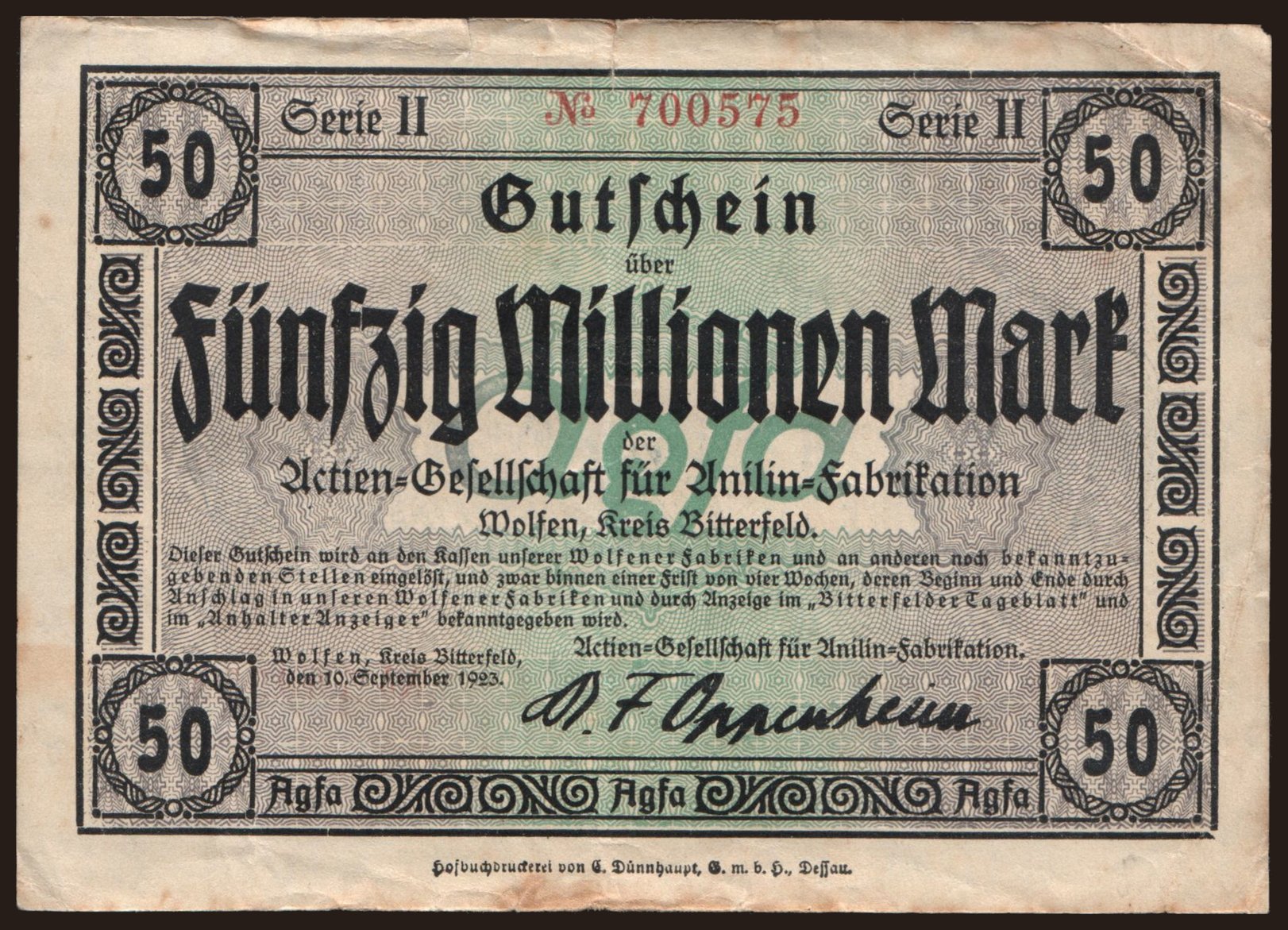 Wolfen/ Actien-Gesellschaft für Anilin-Fabrikation, 50.000.000 Mark, 1923