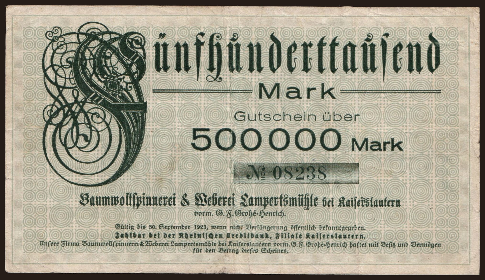 Kaiserslautern/ Baumwollspinnerei & Weberei Lampertsmühle, 500.000 Mark, 1923
