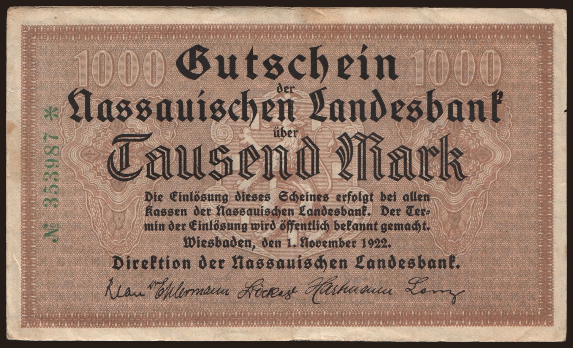 Wiesbaden/ Nassauische Landesbank, 1000 Mark, 1922