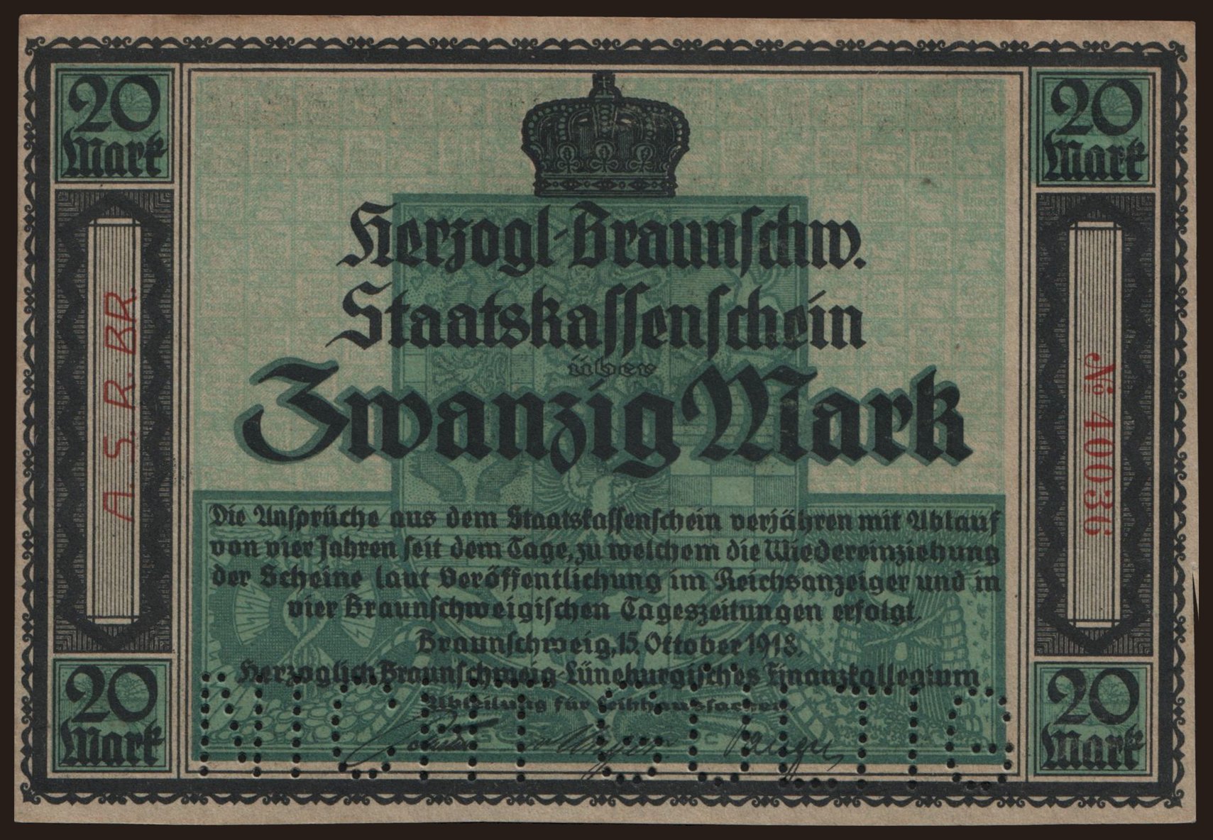 Braunschweig/ Herzogl. Brsg-Lbg. Finanzkollegium, 20 Mark, 1918