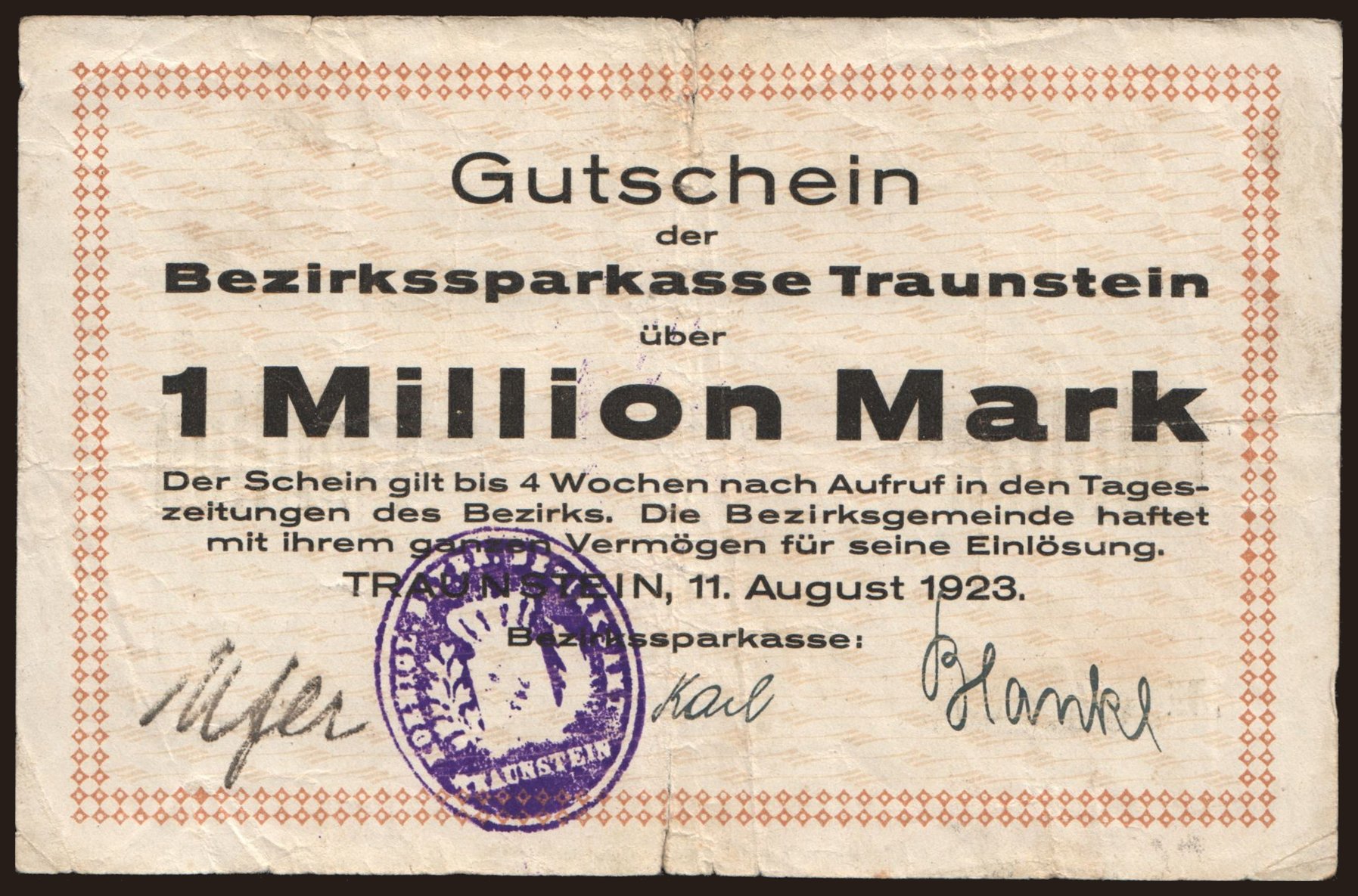 Traunstein/ Bezirkssparkasse, 1.000.000 Mark, 1923