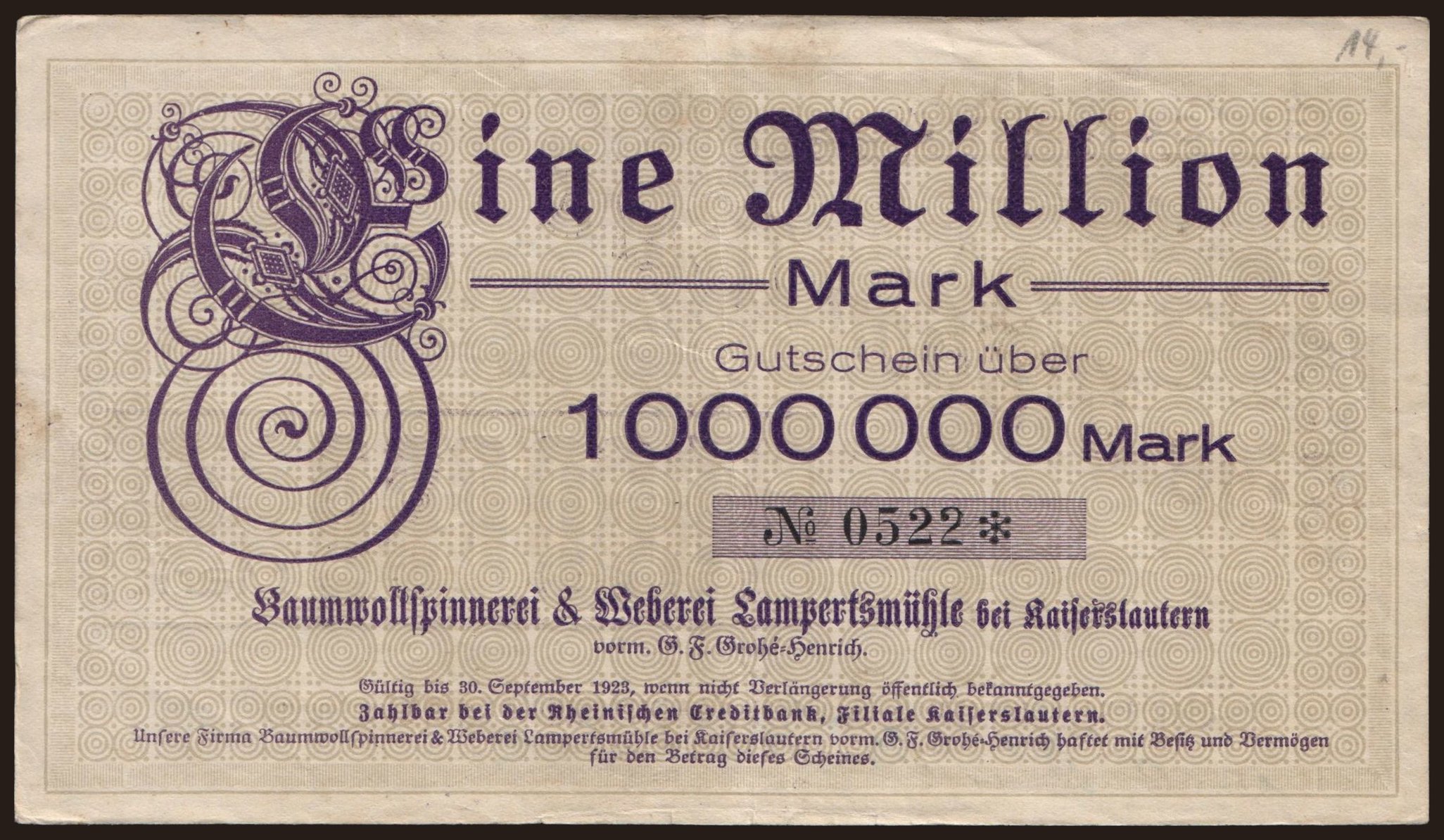 Kaiserslautern/ Baumwollspinnerei & Weberei Lampertsmühle, 1.000.000 Mark, 1923