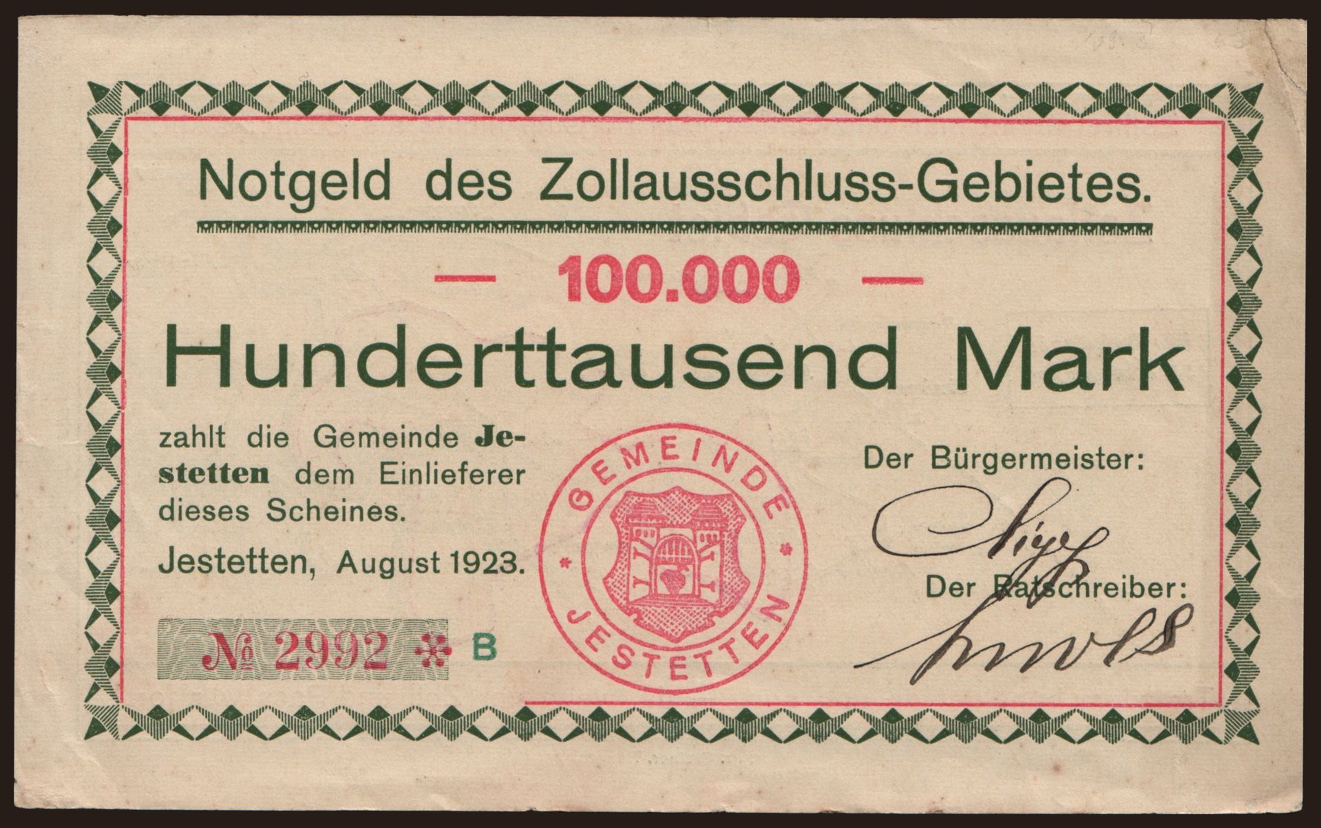 Jestetten/ Notgeld des Zollausschluss-Gebietes, 100.000 Mark, 1923