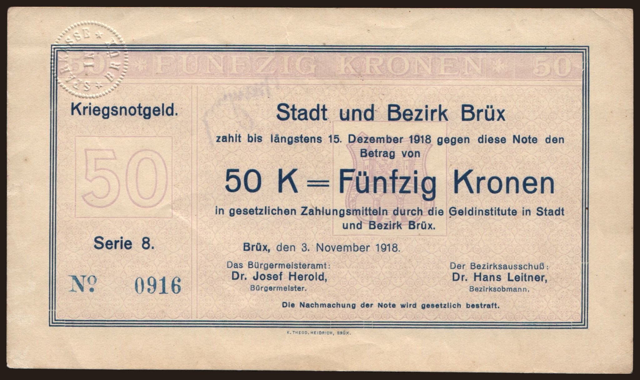 Brüx, 50 Kronen, 1918