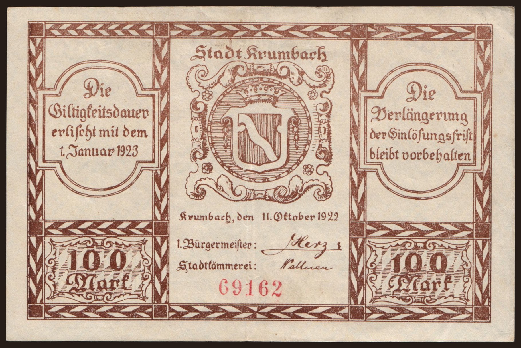 Krumbach/ Stadt, 100 Mark, 1922