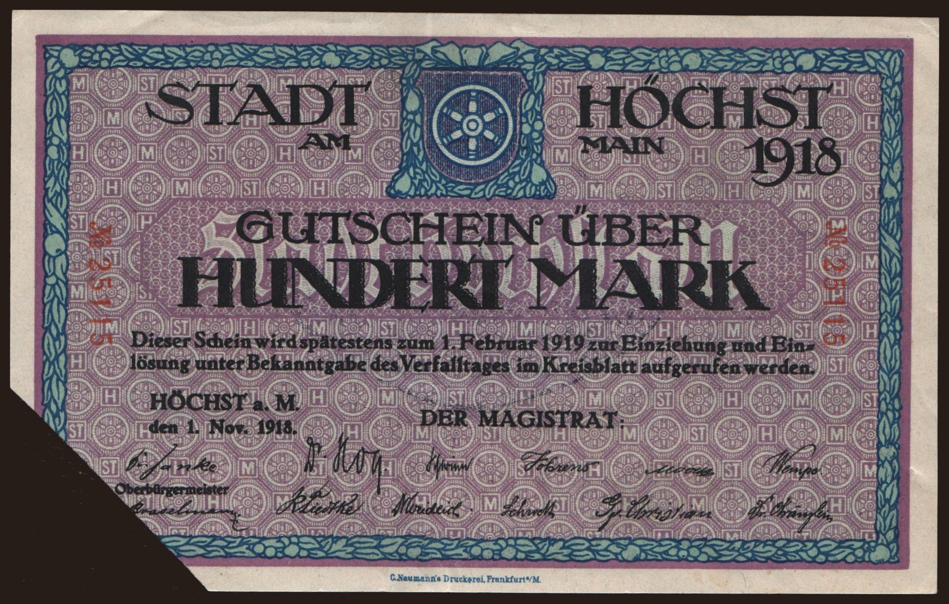 Höchst am Main/ Stadt, 100 Mark, 1918