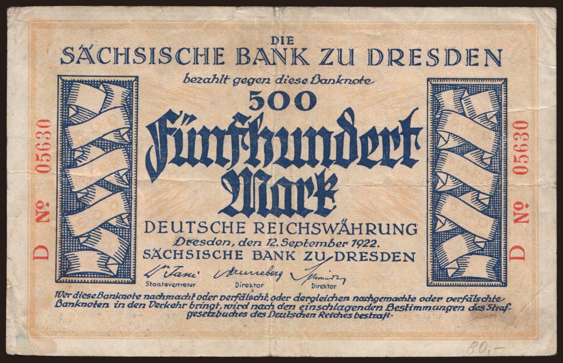 Sächsische Bank zu Dresden, 500 Mark, 1922