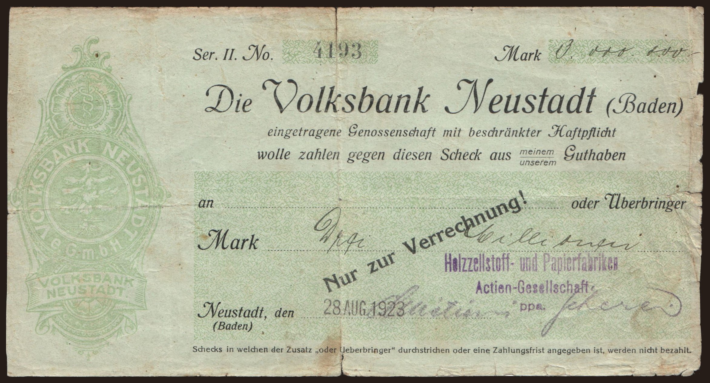 Neustadt im Schwarzwald/ Holzzellstoff und Papierfabriken, 3.000.000 Mark, 1923