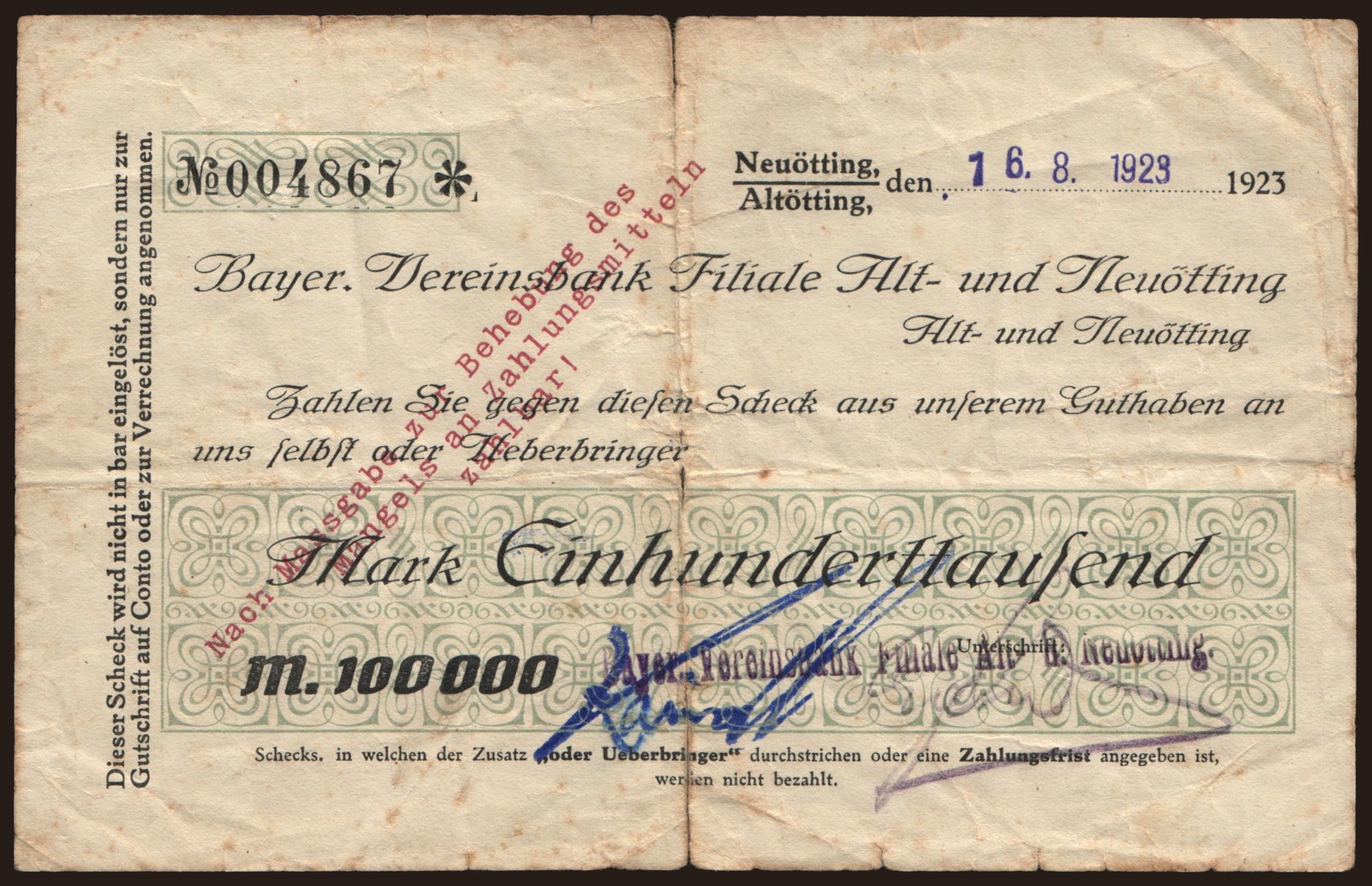 Neuötting, Altötting/ Bayerische Vereinsbank, 100.000 Mark, 1923