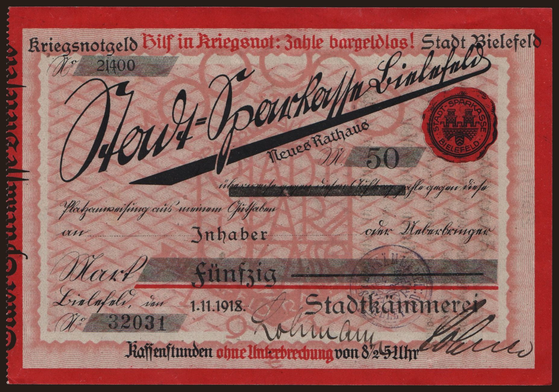 Bielefeld/ Stadt, 50 Mark, 1918