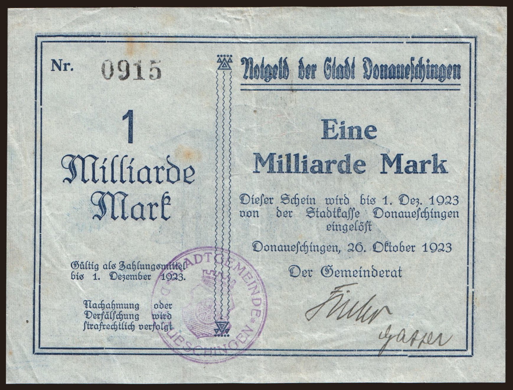 Donaueschingen/ Stadt, 1.000.000.000 Mark, 1923