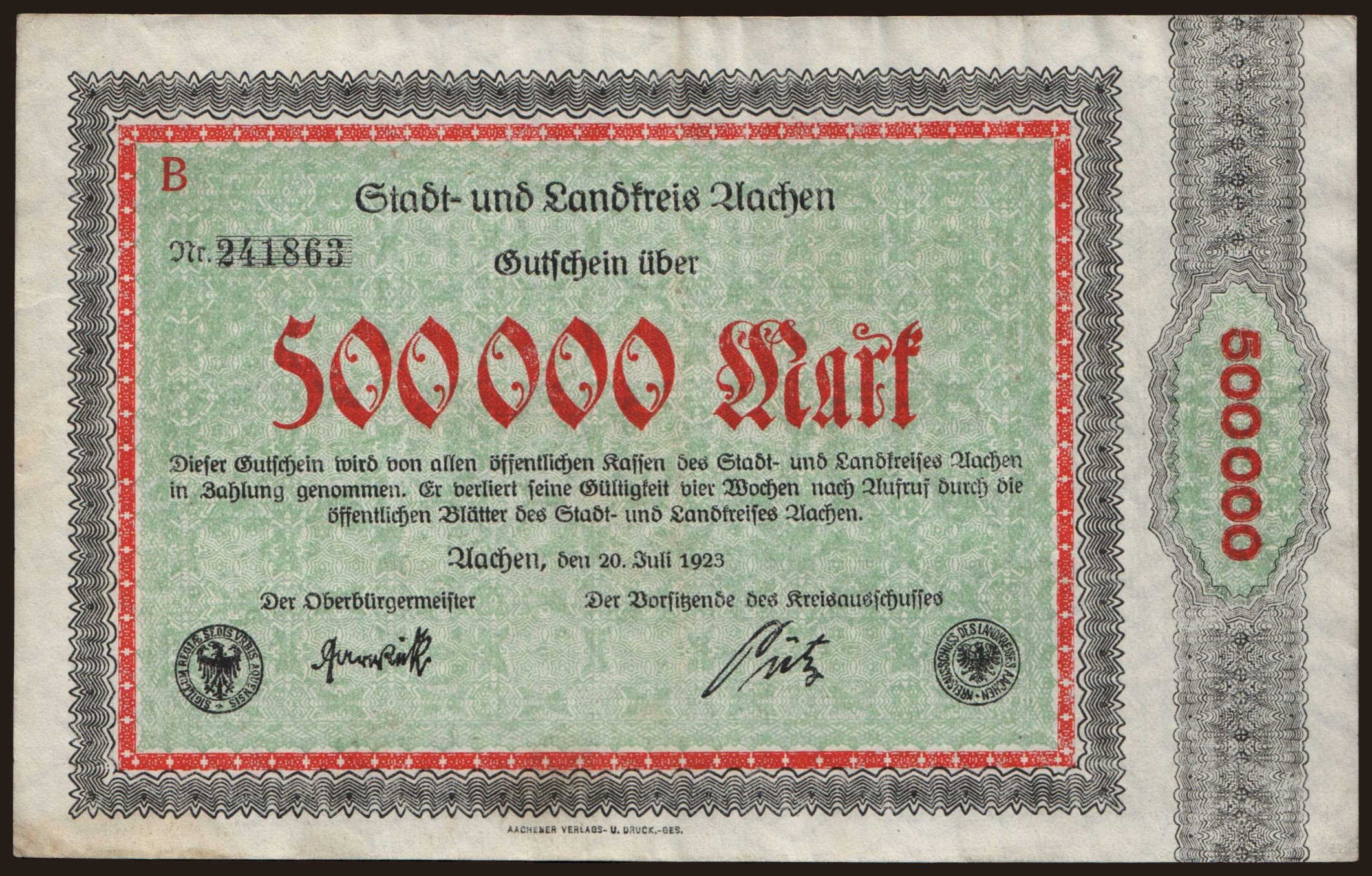 Aachen/ Stadt- und Landkreis, 500.000 Mark, 1923