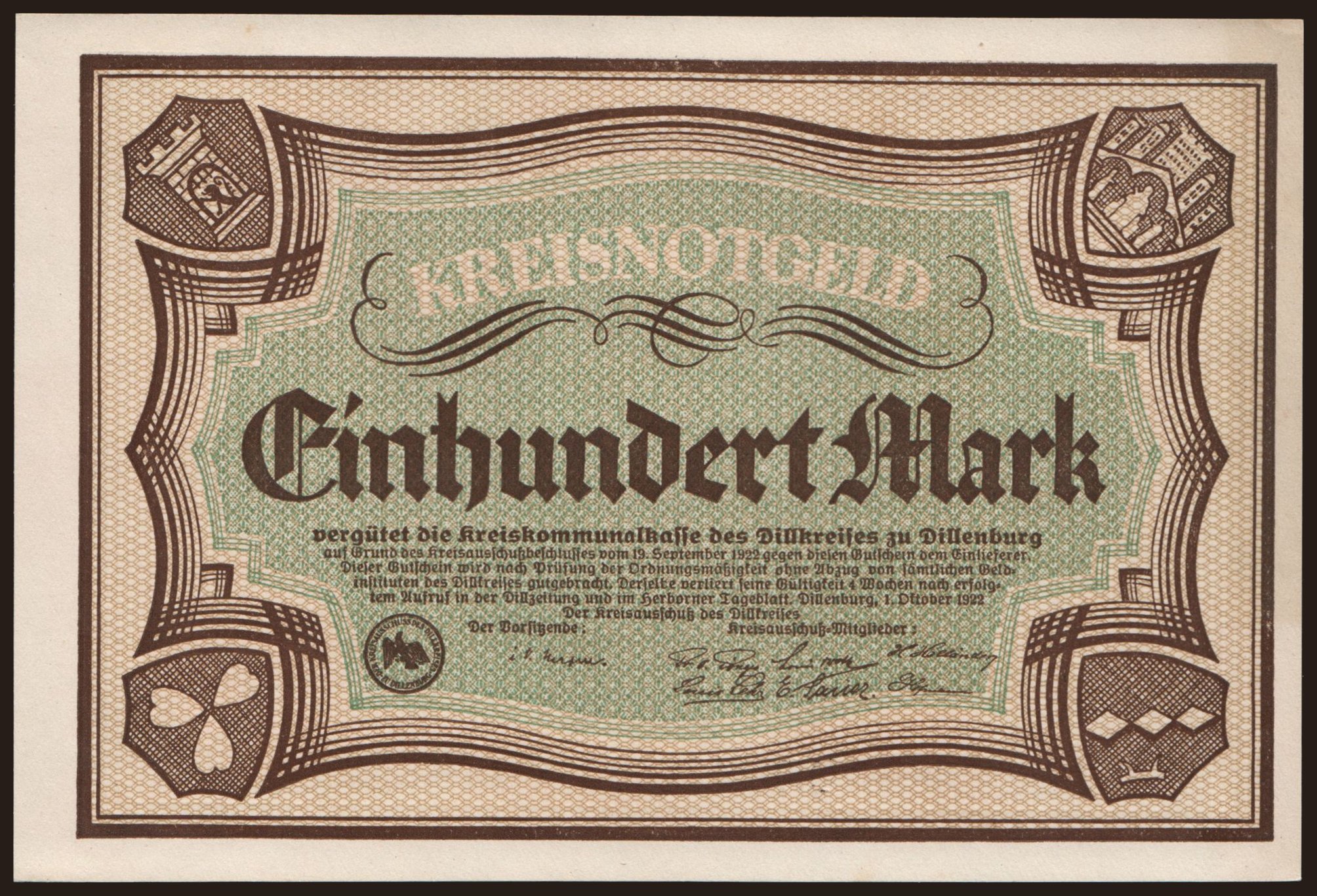 Dillenburg/ Kreisausschuss des Dillkreises, 100 Mark, 1922