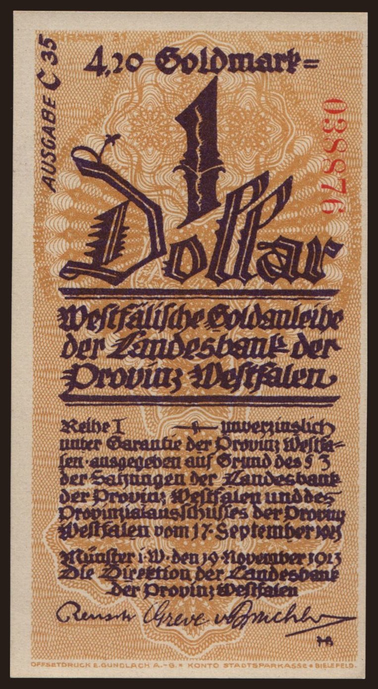 Westfalen/ Landesbank der Provinz Westfalen in münster, 1 Dollar, 1923