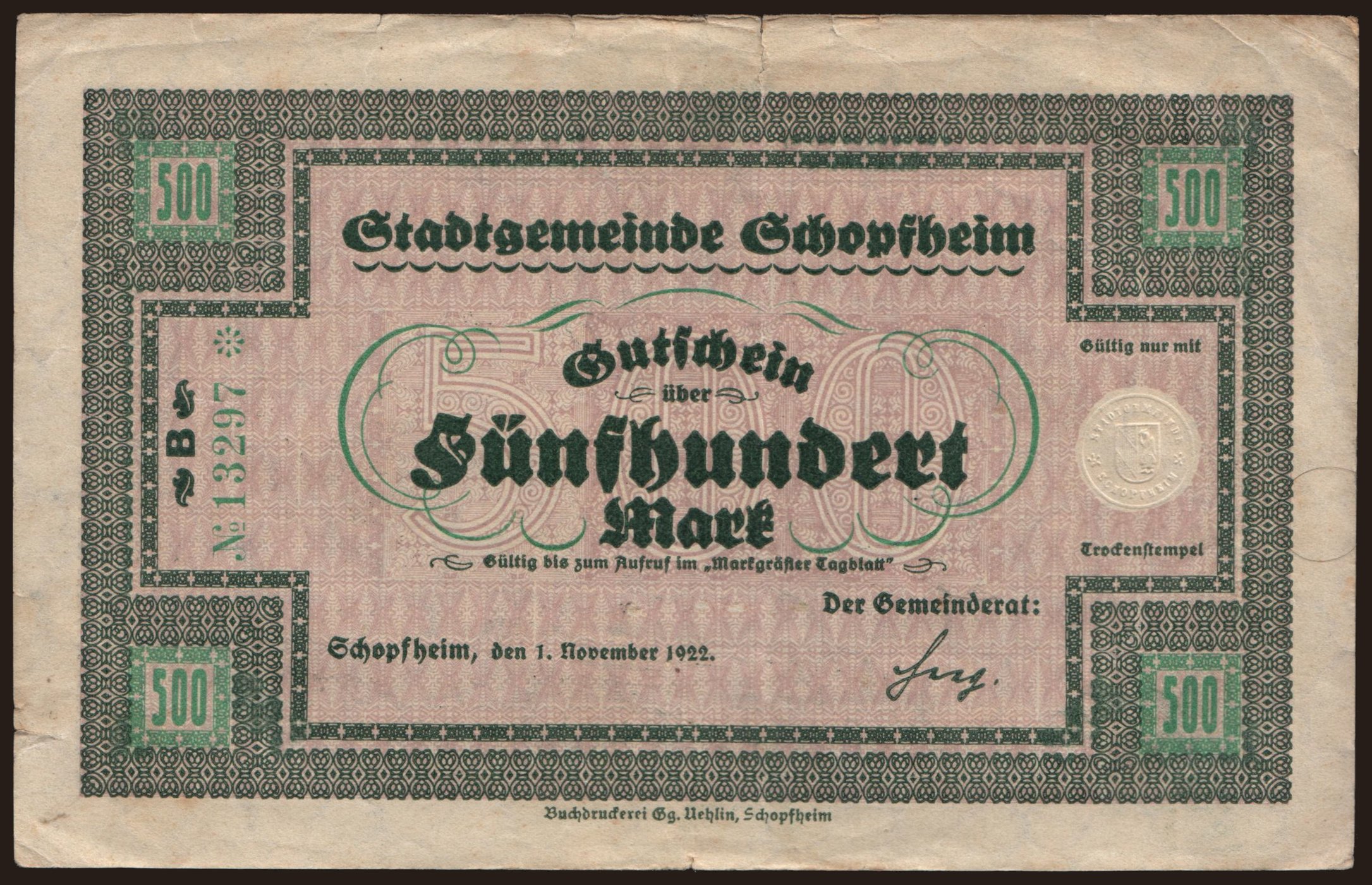 Schopfheim/ Stadt, 500 Mark, 1922