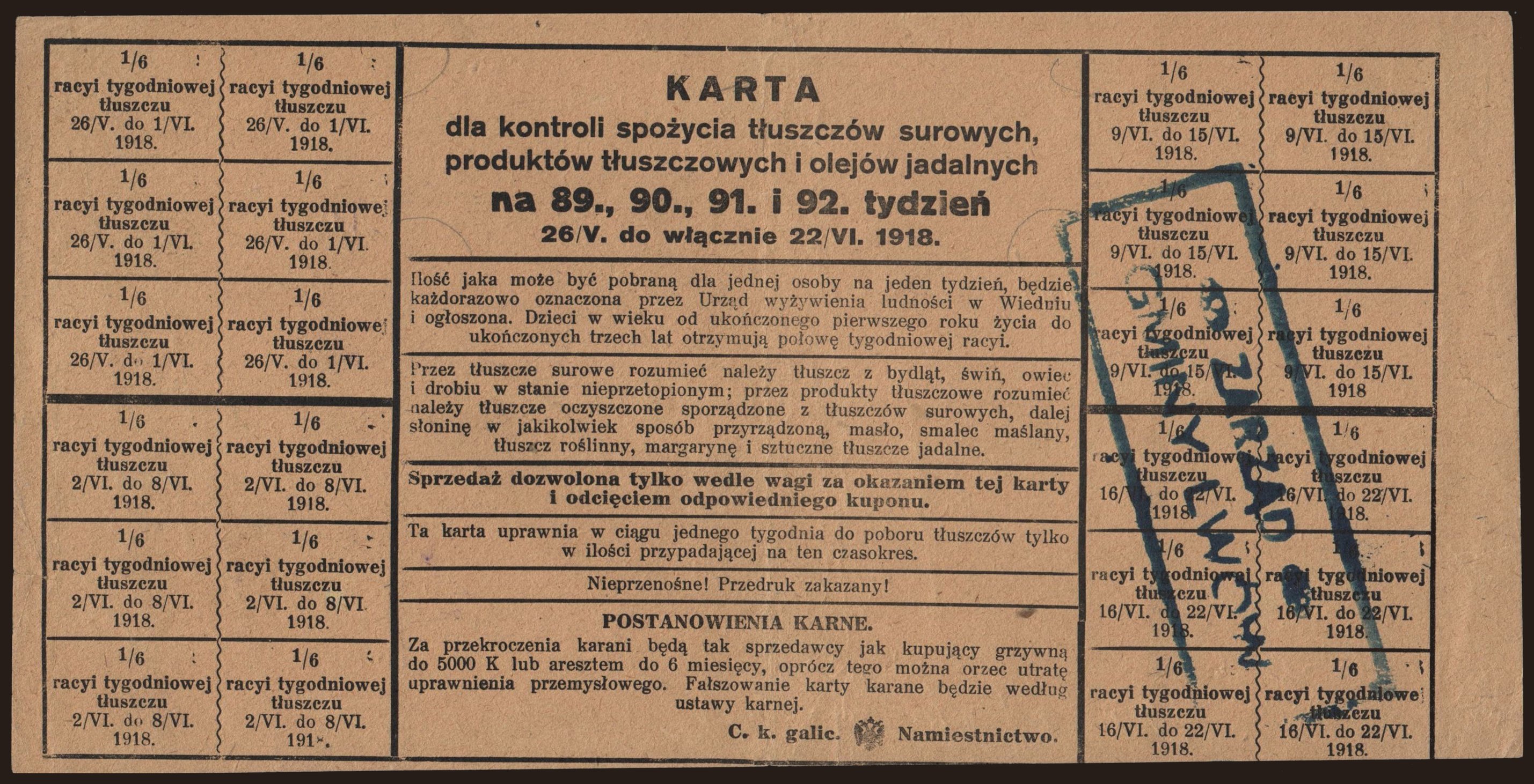 Galicya, Karta tłuszczów, 1918