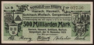 Haslach, Hausach, Schiltah, Wolfach, Gengenbach/ Haslach, 500.000.000.000 Mark, 1923