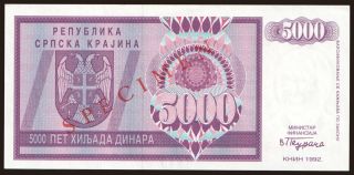 RSK, 5000 dinara, 1992, SPECIMEN