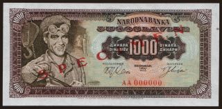 1000 dinara, 1963, SPECIMEN