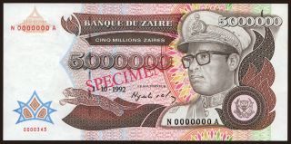 5.000.000 zaires, 1992, SPECIMEN