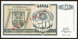 RSK, 50 dinara, 1992, SPECIMEN