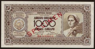 1000 dinara, 1946, SPECIMEN