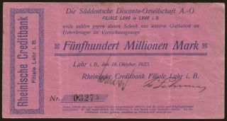 Lahr/ Rheinische Creditbank Filiale Lahr, 500.000 Mark, 1923