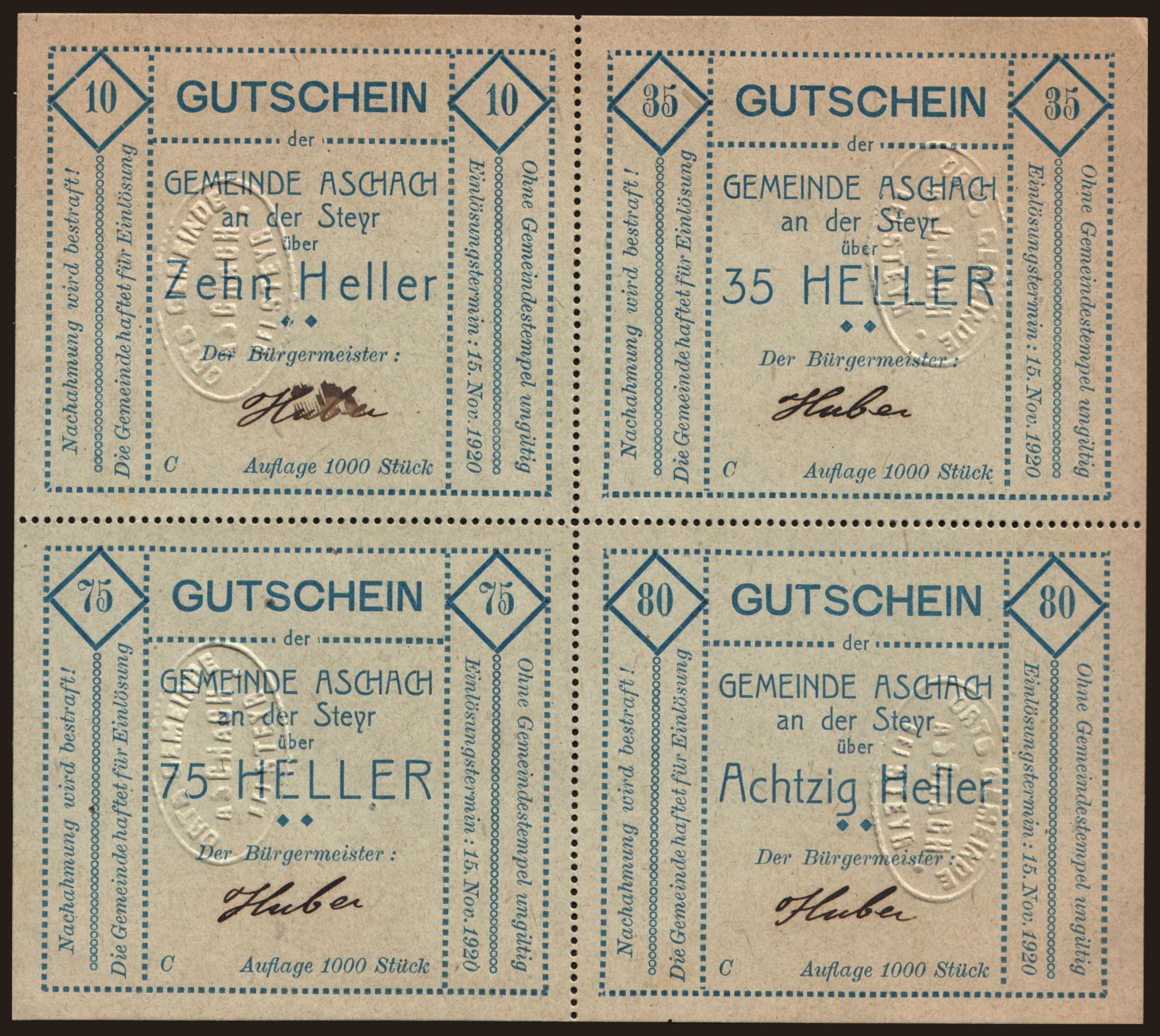 Aschach, 10, 35, 60, 75 Heller, 1920