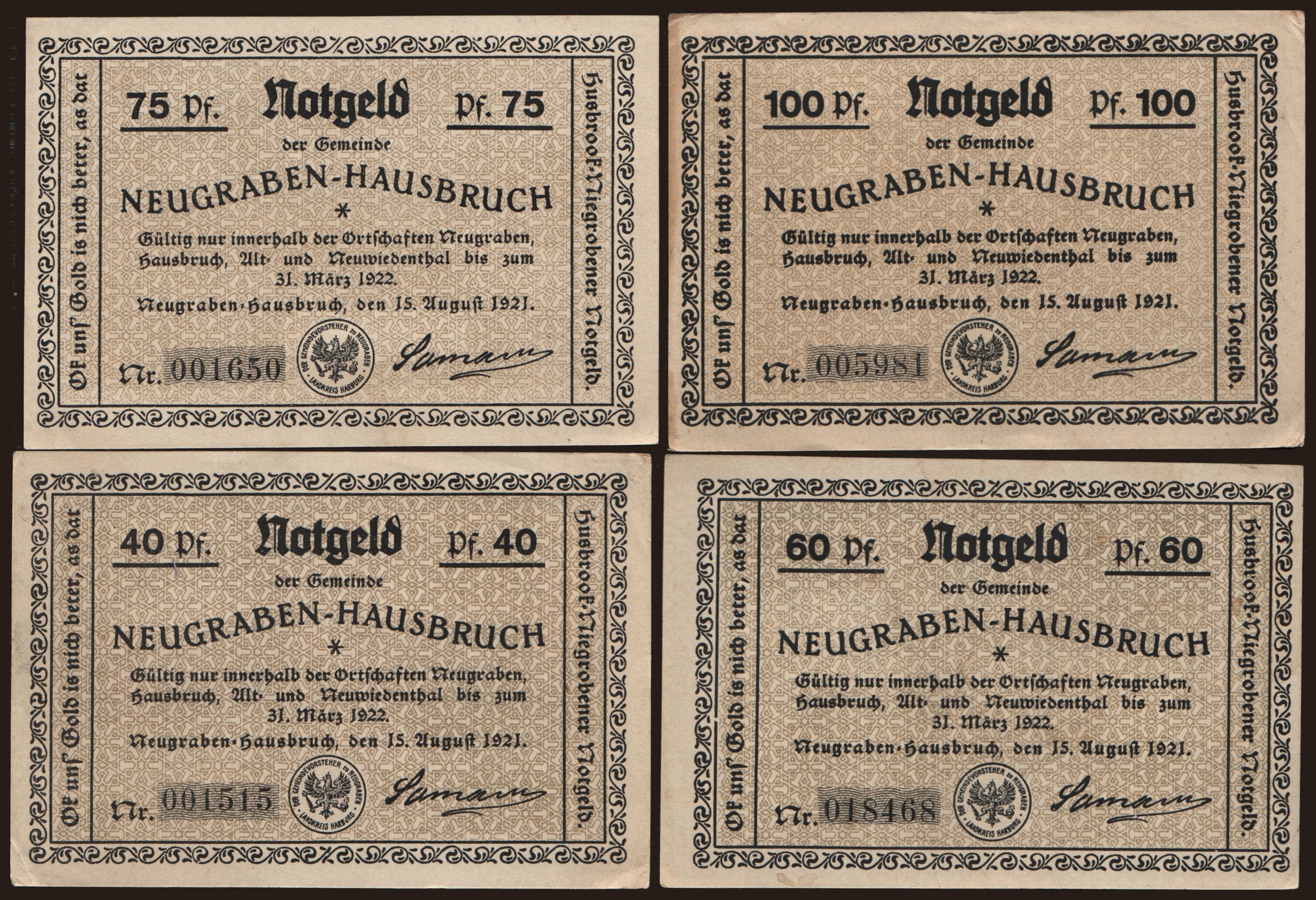 Neugraben-Hausbruch, 4x 40 - 100 Pfennig, 1921