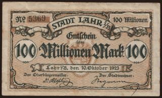 Lahr/ Stadt, 100.000.000 Mark, 1923
