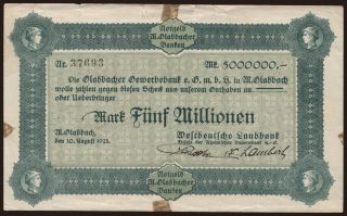 München-Gladbach/ Westdeutsche Landbank Filiale d. Rhein. Bauernbank, 5.000.000 Mark, 1923