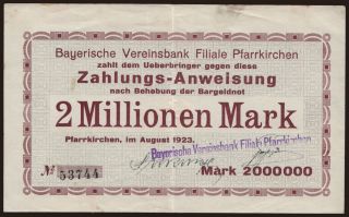 Pfarrkirchen/ Bayerische Vereinsbank Zweistelle Pfarrkirchen, 2.000.000 Mark, 1923
