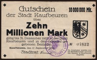 Kaufbeuren/ Stadt, 10.000.000 Mark, 1923