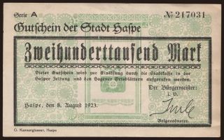 Haspe/ Stadt, 200.000 Mark, 1923
