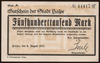 Haspe/ Stadt, 500.000 Mark, 1923