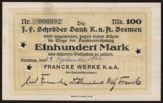 Bremen/ Francke Werke K.a.A., 100 Mark, 1922