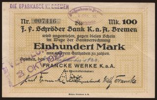 Bremen/ Francke Werke K.a.A., 100 Mark, 1922