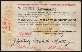 Hannover-Linden/ HANOMAG, 200.000 Mark, 1923