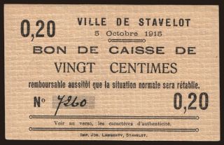 Stavelot, 20 centimes, 1915