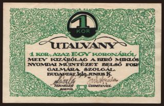 Budapest/ Bíró Miklós Nyomdai Műintézet, 1 korona, 1919