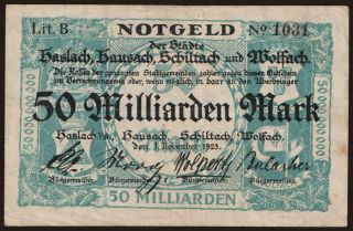 Haslach, Hausach, Schiltah, Wolfach, Gengenbach/ Haslach, 50.000.000.000 Mark, 1923