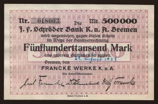Bremen/ Francke Werke, 500.000 Mark, 1923