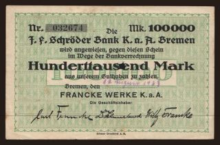 Bremen/ Francke Werke, 100.000 Mark, 1923