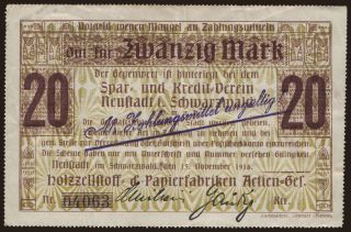 Neustadt im Schwarzwald/ Holzzellstoff und Papierfabriken A.G., 20 Mark, 1918